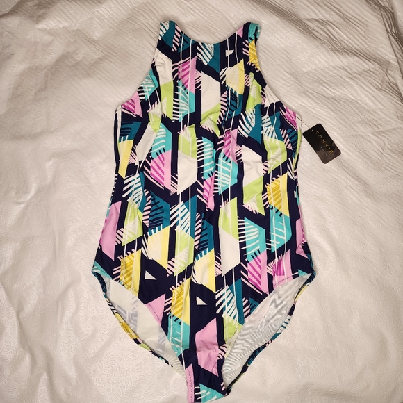 Sonsie by Gracing Swimsuit Navy Multicolor One Piece Women's Plus Size 22Q NWT - Picture 1 of 16